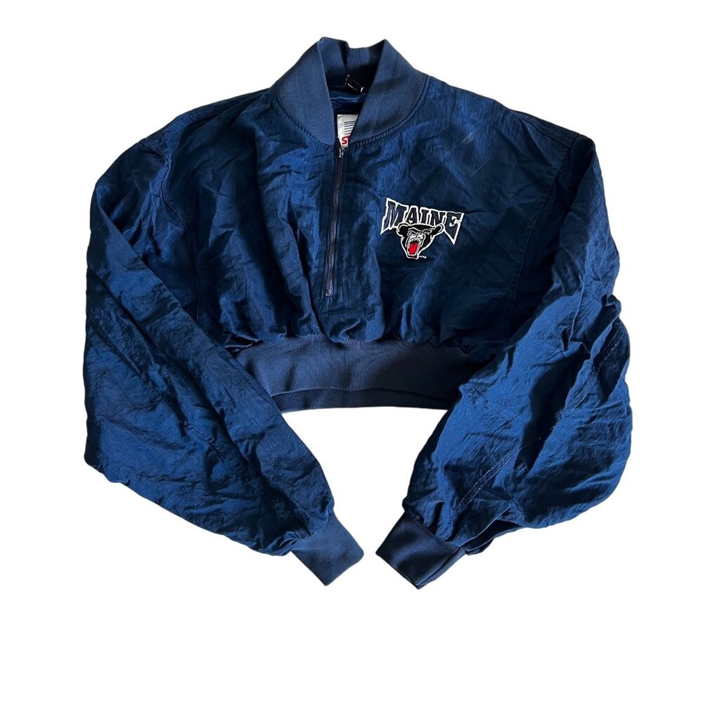 STARTER Navy Blue Cropped Bomber Jacket with Maine Patch